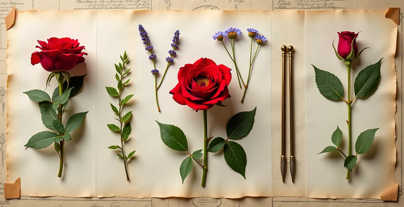 Déconstruction visuelle d'un bouquet victorien montrant la fleur centrale, les fleurs secondaires et le feuillage symbolique