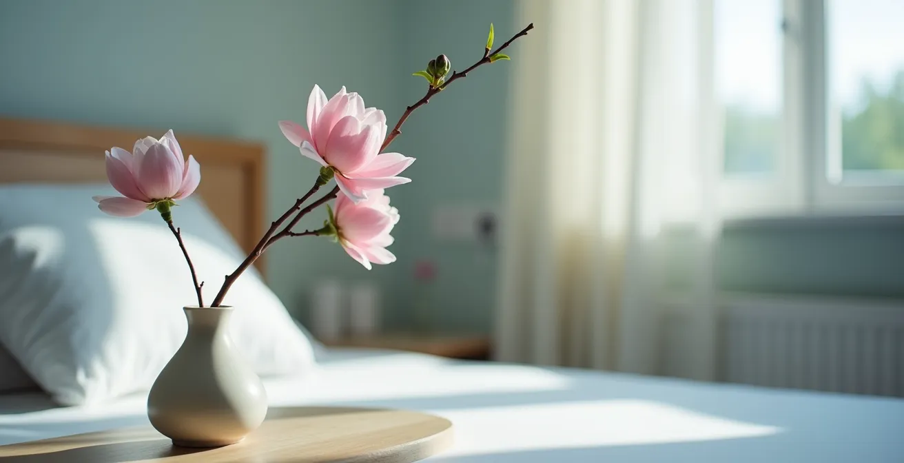 Arrangement floral japonais minimaliste avec une branche de cerisier et trois pivoines dans un vase en céramique