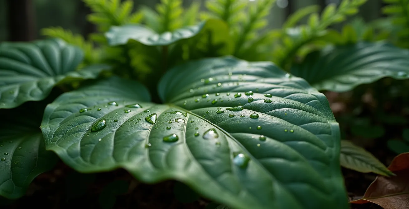 Massif ombragé avec hostas aux larges feuilles panachées et fougères délicates