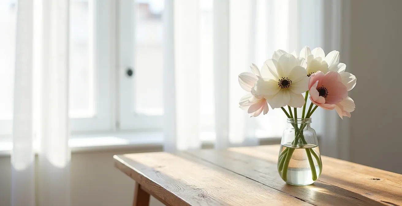 Bouquet d'anémones blanches dans un vase en verre simple sur une table en bois naturel