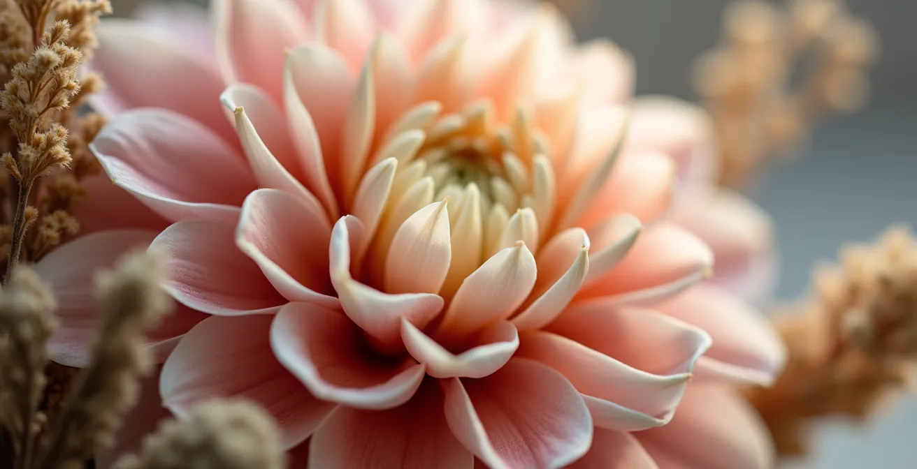 Gros plan sur un bouquet automnal aux teintes blush avec dahlias et feuillages texturés