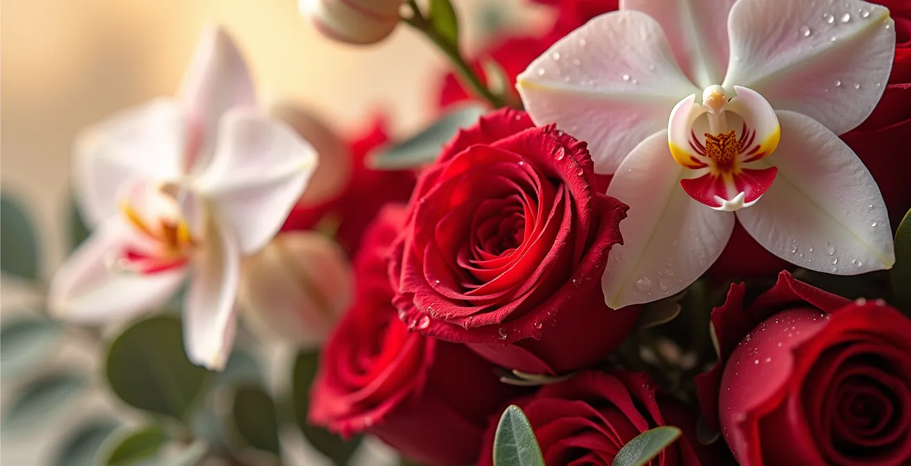 Arrangement floral hybride mélangeant roses occidentales et orchidées asiatiques