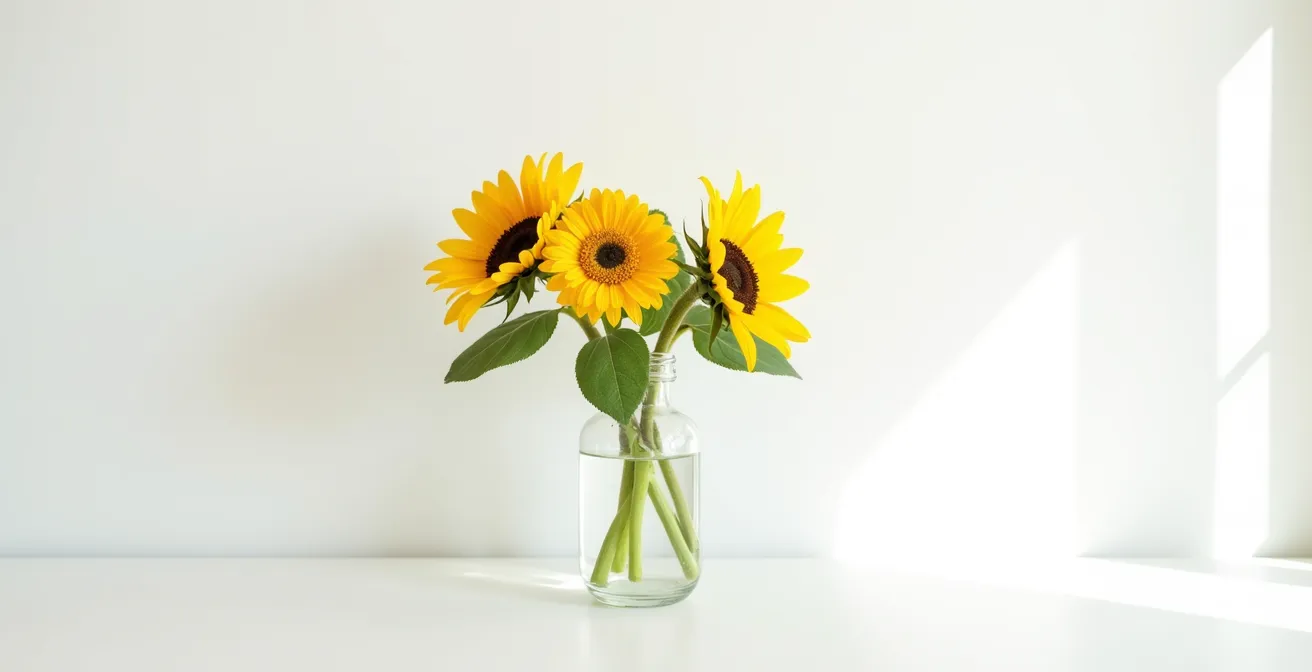 Arrangement floral de tournesols et gerberas jaunes dans un vase simple