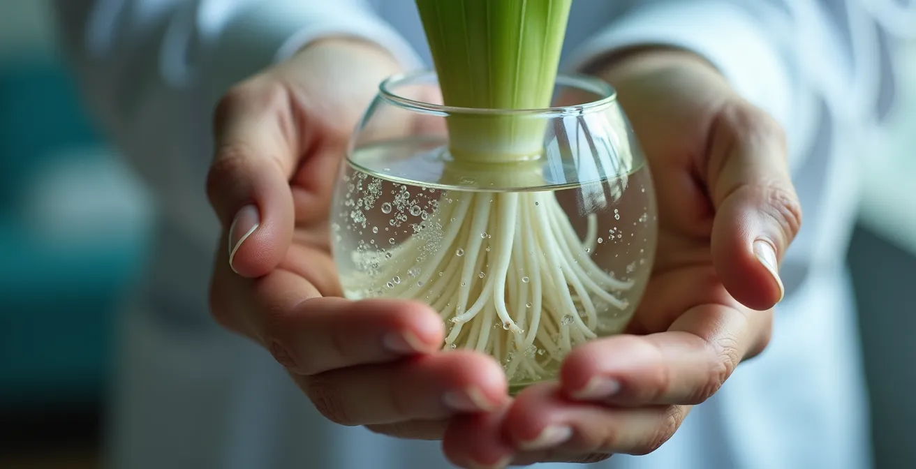 Main d'un patient tenant un vase transparent montrant les racines d'un bulbe d'amaryllis en pleine croissance