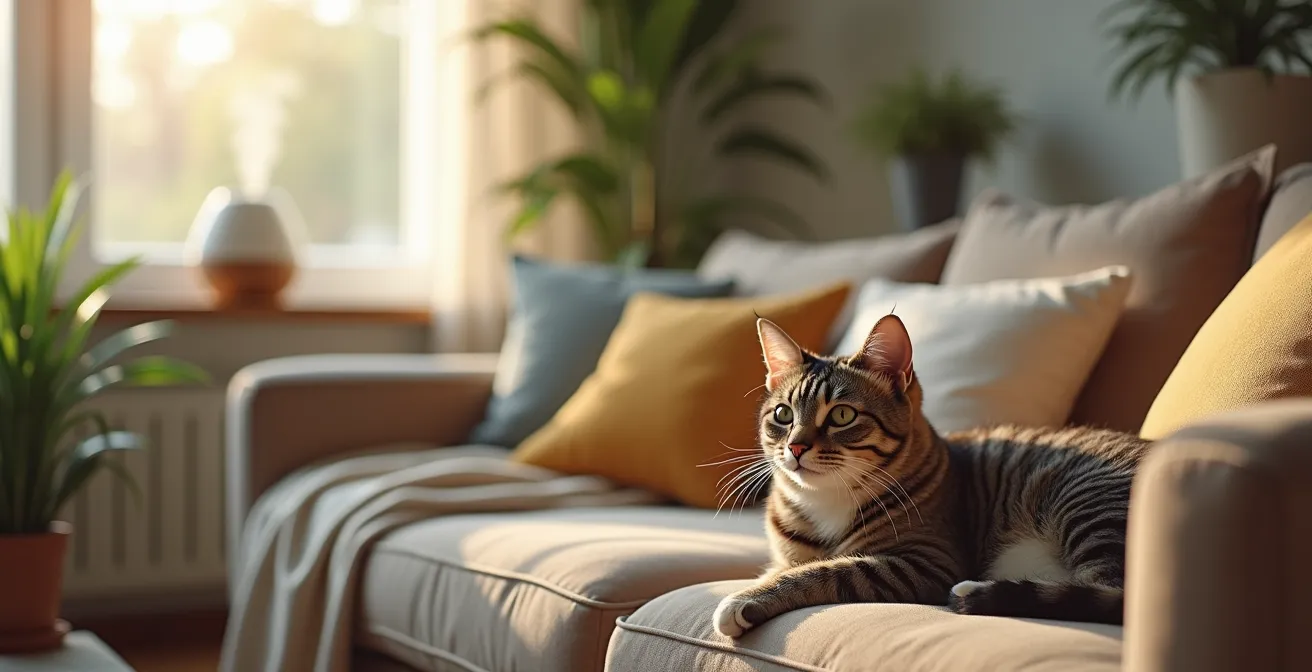 Chat paisible dans un salon avec diffuseur d'huiles essentielles placé en hauteur et fenêtre ouverte