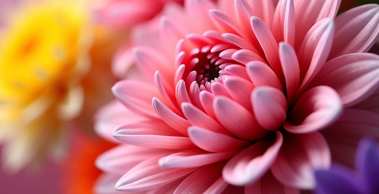 Arrangement moderne de chrysanthèmes aux couleurs vives dans un vase contemporain, brisant les codes traditionnels