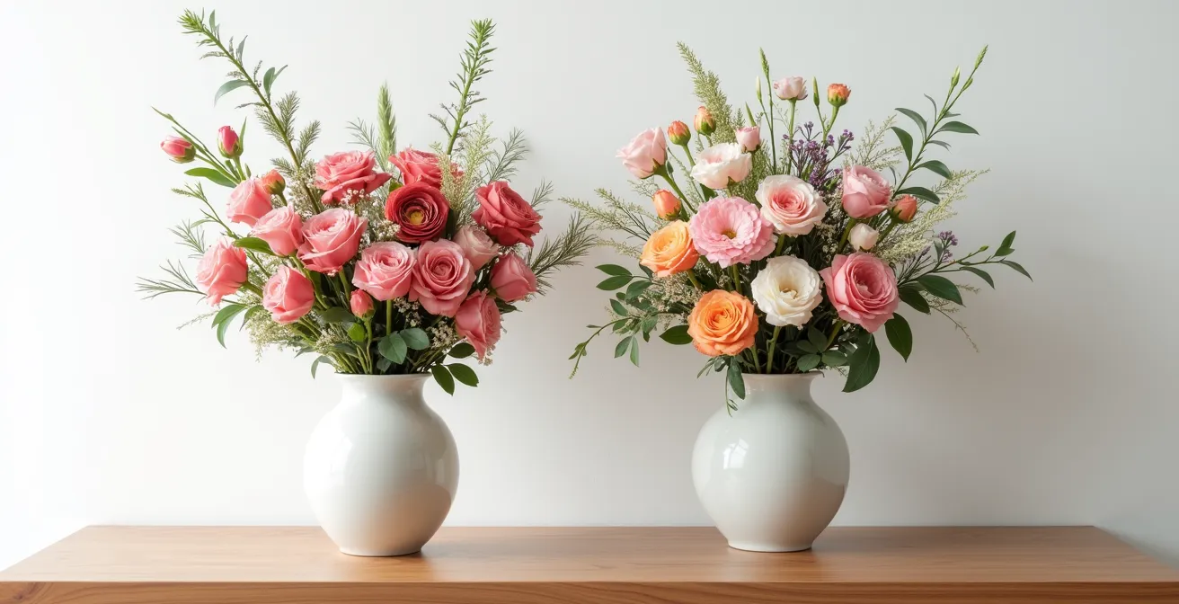 Deux compositions florales côte à côte montrant le contraste entre un bouquet surchargé et une version épurée avec espaces négatifs valorisants