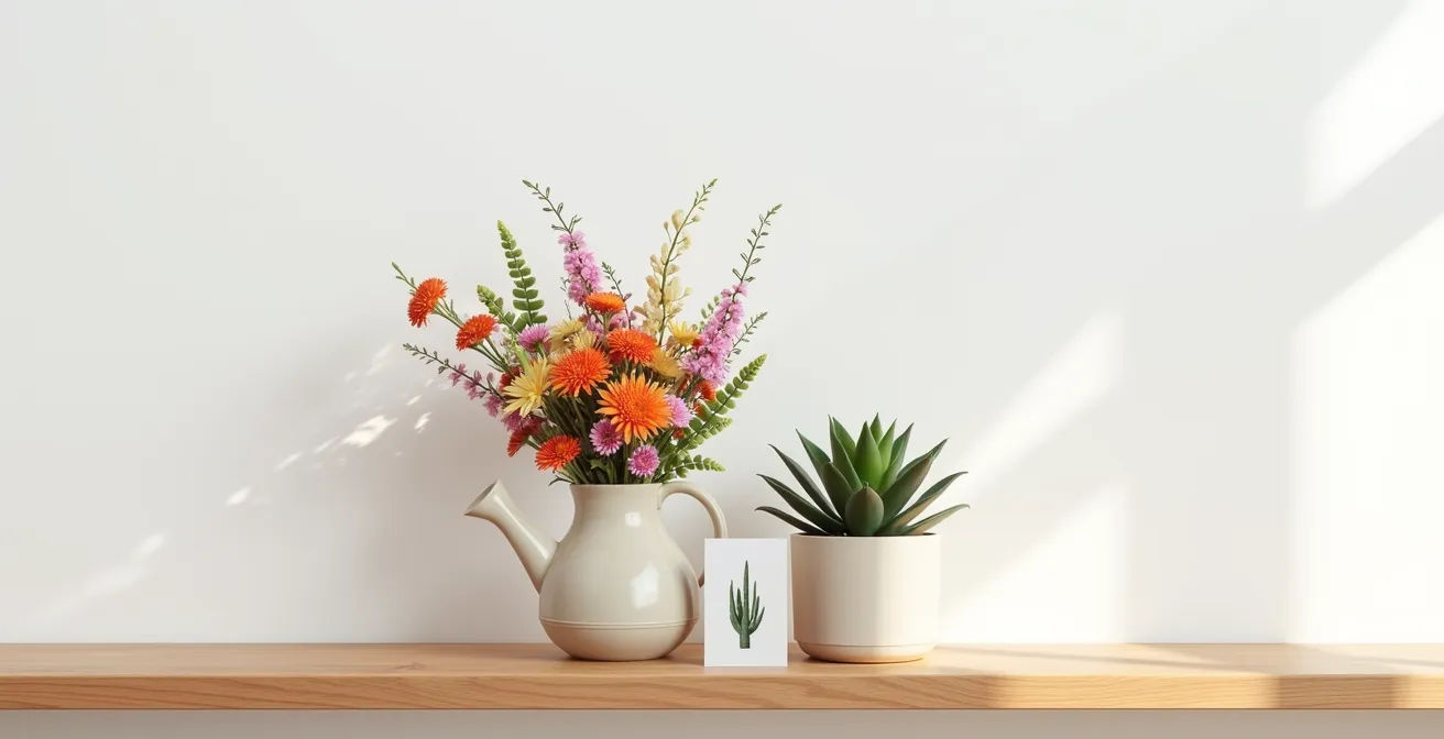 Composition photographique montrant côte à côte un bouquet coloré et une plante en pot élégante sur une étagère en bois naturel
