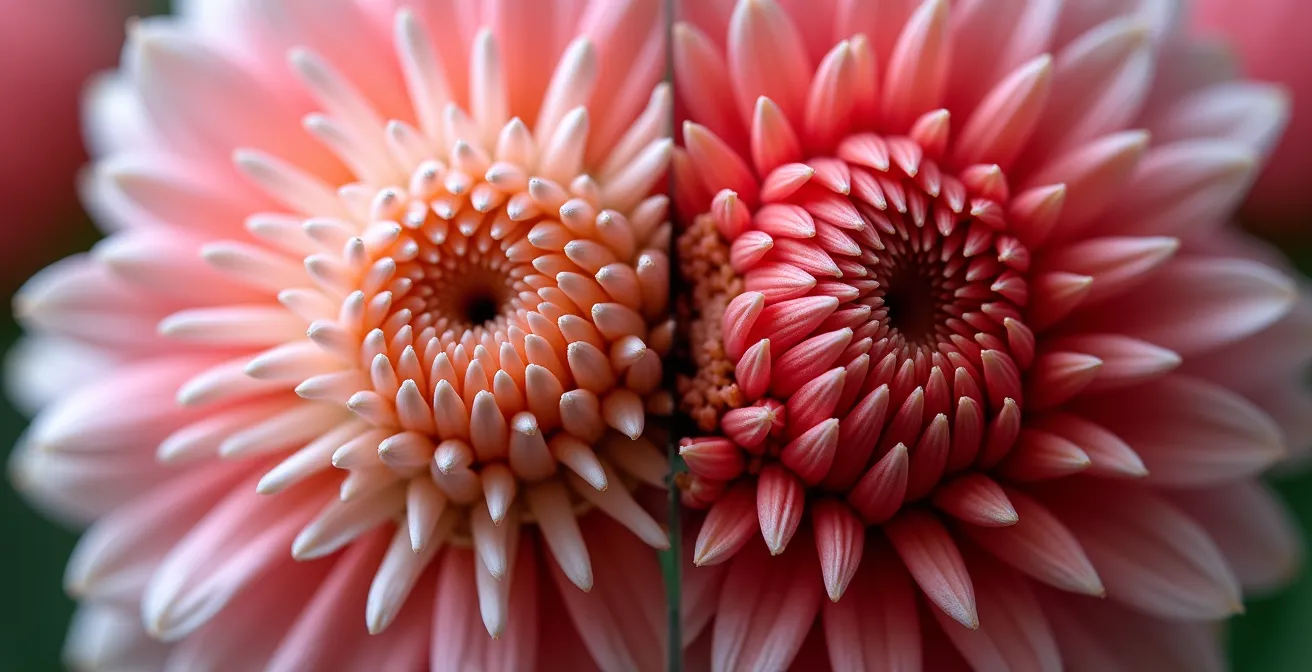 Comparaison entre un bouquet rond statique et un bouquet asymétrique dynamique avec lignes de force