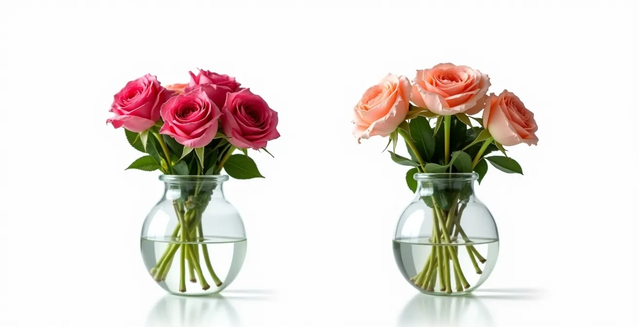 Comparaison de deux vases de roses : l'un avec une eau claire grâce à un conservateur et des fleurs fraîches, l'autre avec une eau trouble et des fleurs fanées.