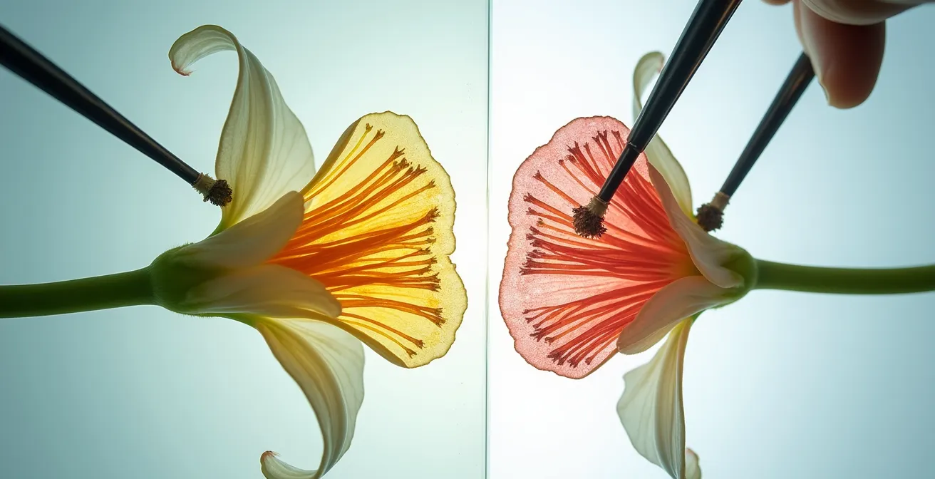 Vue microscopique comparative montrant les vaisseaux du xylème ouverts après une coupe nette et obstrués après écrasement