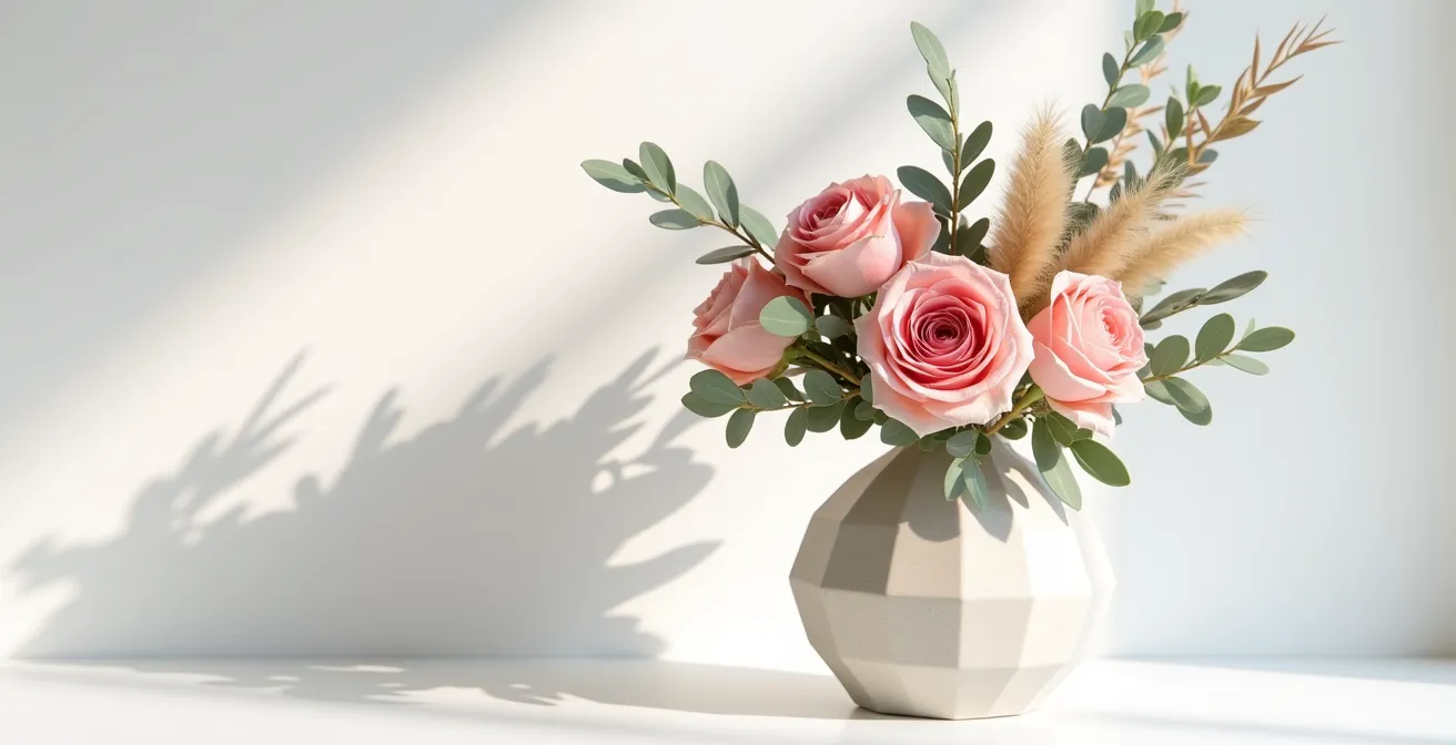 Arrangement élégant de fleurs stabilisées aux couleurs douces sans pollen