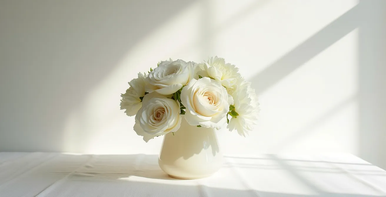 Arrangement floral blanc sur blanc jouant avec les textures et les ombres