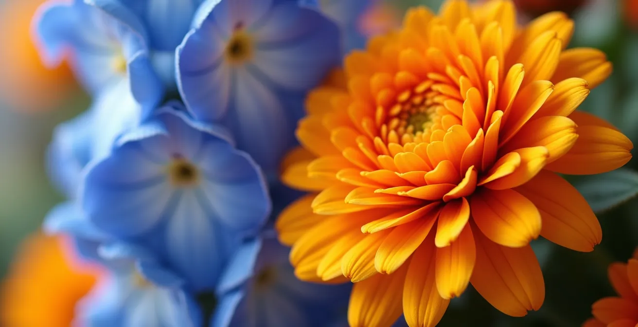 Arrangement floral avec fleurs bleues en arrière-plan et oranges au premier plan créant un effet de profondeur