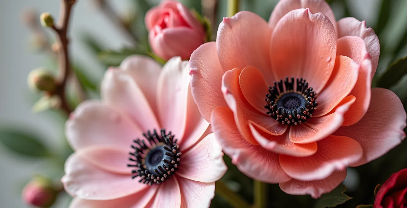 Arrangement floral d'hiver avec renoncules, anémones et hellébores dans des tons naturels