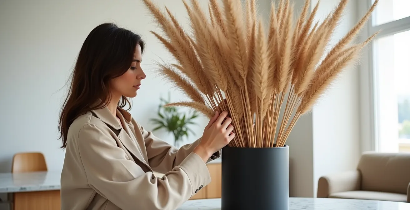 Grande composition de pampas et graminées séchées dans un vase noir mat sur fond d'intérieur scandinave épuré