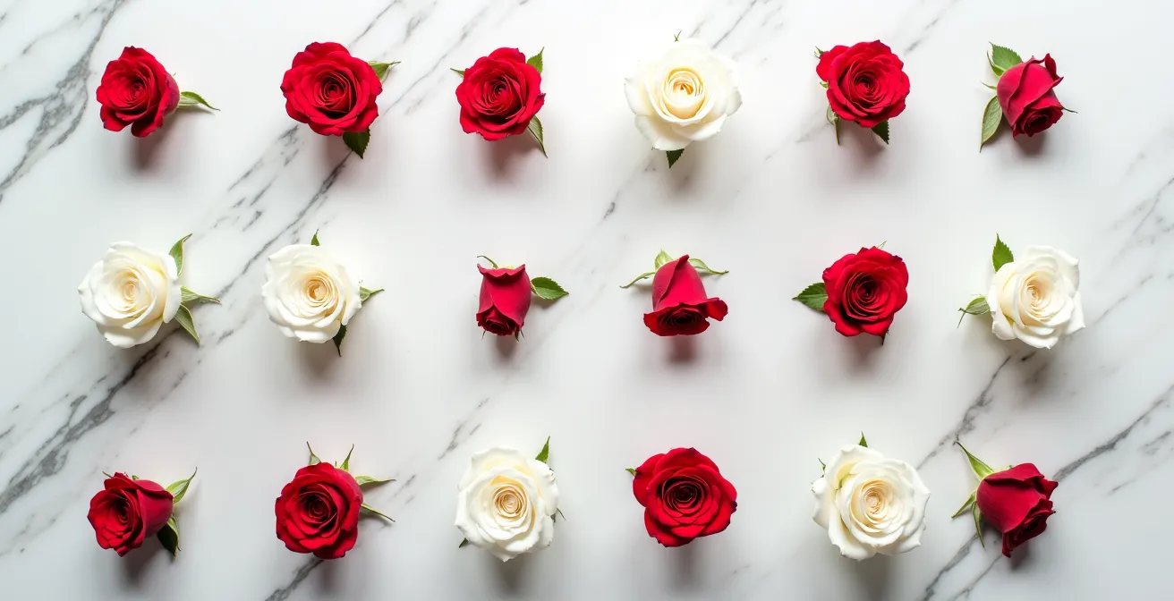 Arrangement contemporain de roses blanches et rouges disposées en motif géométrique évoquant un code binaire