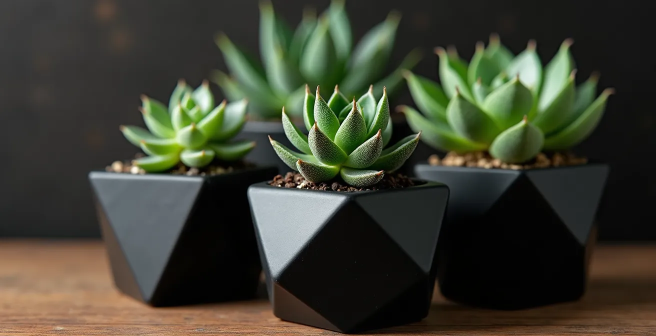 Arrangement contemporain de plantes grasses et cactus dans des contenants géométriques noirs sur bureau en bois