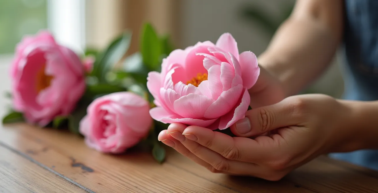 Mains délicates arrangeant des pivoines roses dans un processus méditatif de création florale
