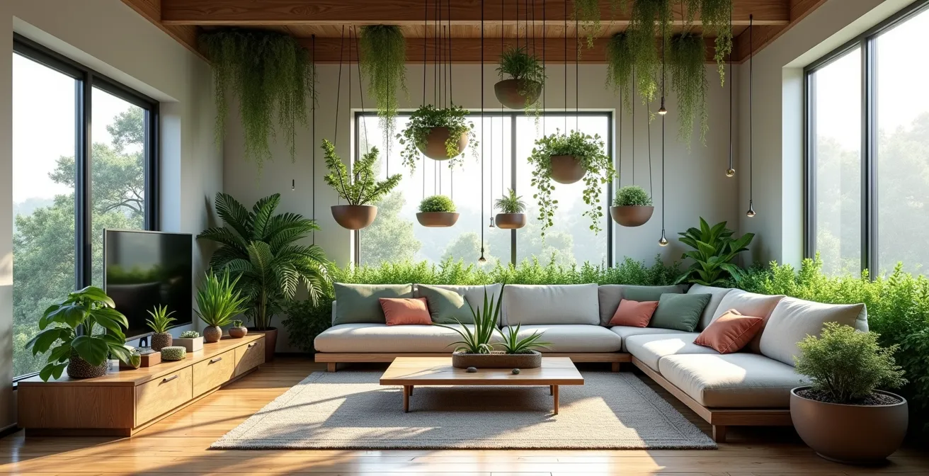 Salon urbain transformé en écosystème végétal avec plantes à différentes hauteurs créant une immersion naturelle