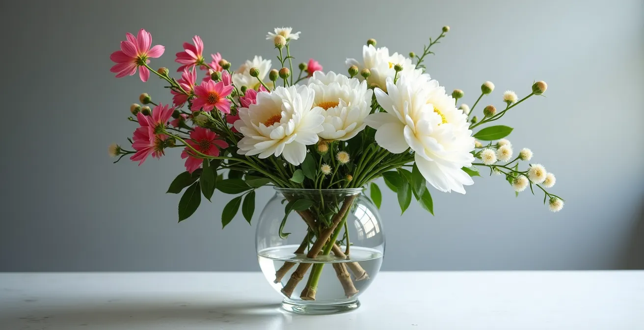 Démonstration visuelle de l'équilibre des masses dans un bouquet avec contrepoids cachés