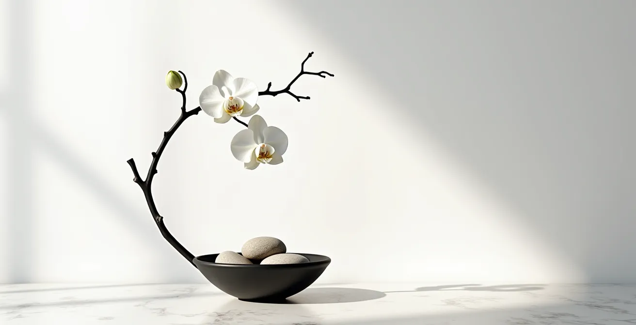 Composition d'ikebana avec large espace vide mettant en valeur trois éléments