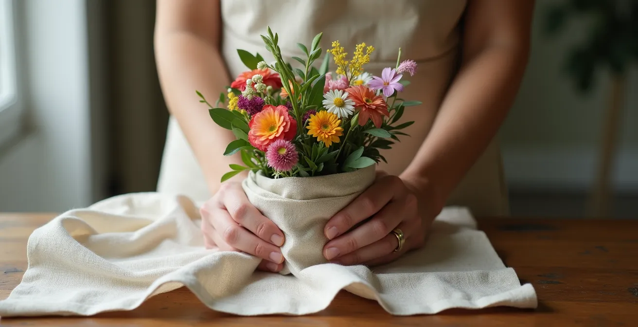 Technique d'emballage furoshiki en tissu réutilisable pour un bouquet de fleurs zéro déchet