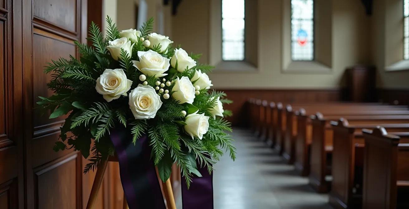 Composition funéraire sobre avec ruban de deuil aux couleurs allemandes traditionnelles