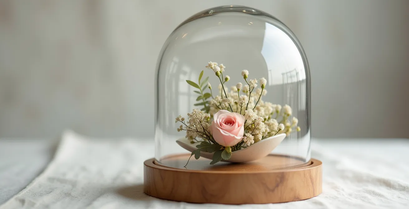 Globe de mariée moderne avec composition florale minimaliste sous cloche de verre