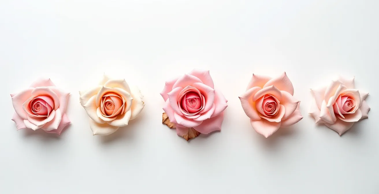 Comparaison visuelle de fleurs à différents stades de séchage sur fond épuré