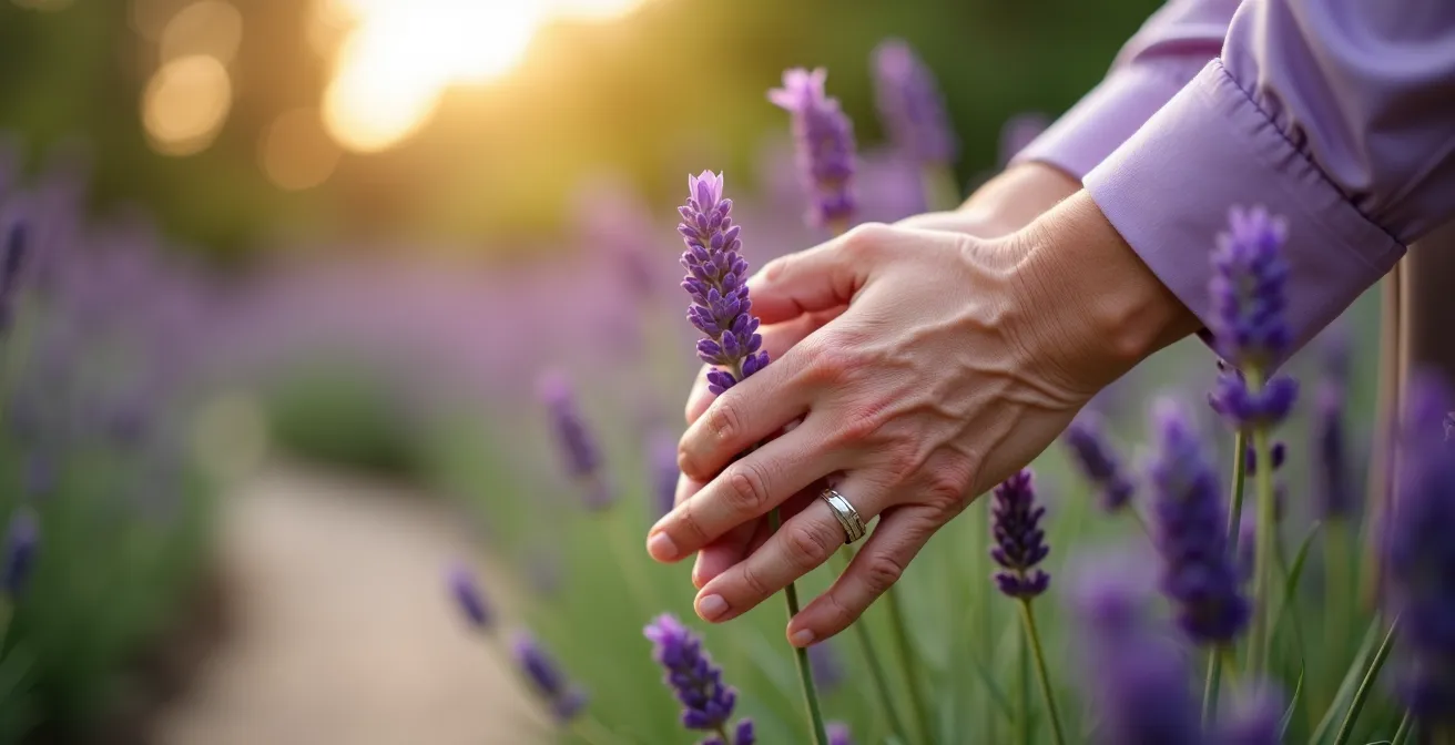 Mains âgées caressant délicatement des plants de lavande vraie dans un jardin thérapeutique
