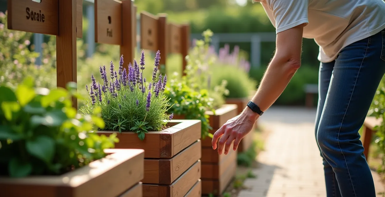 Jardin thérapeutique avec bacs surélevés remplis d'herbes aromatiques, personne âgée touchant doucement les plantes