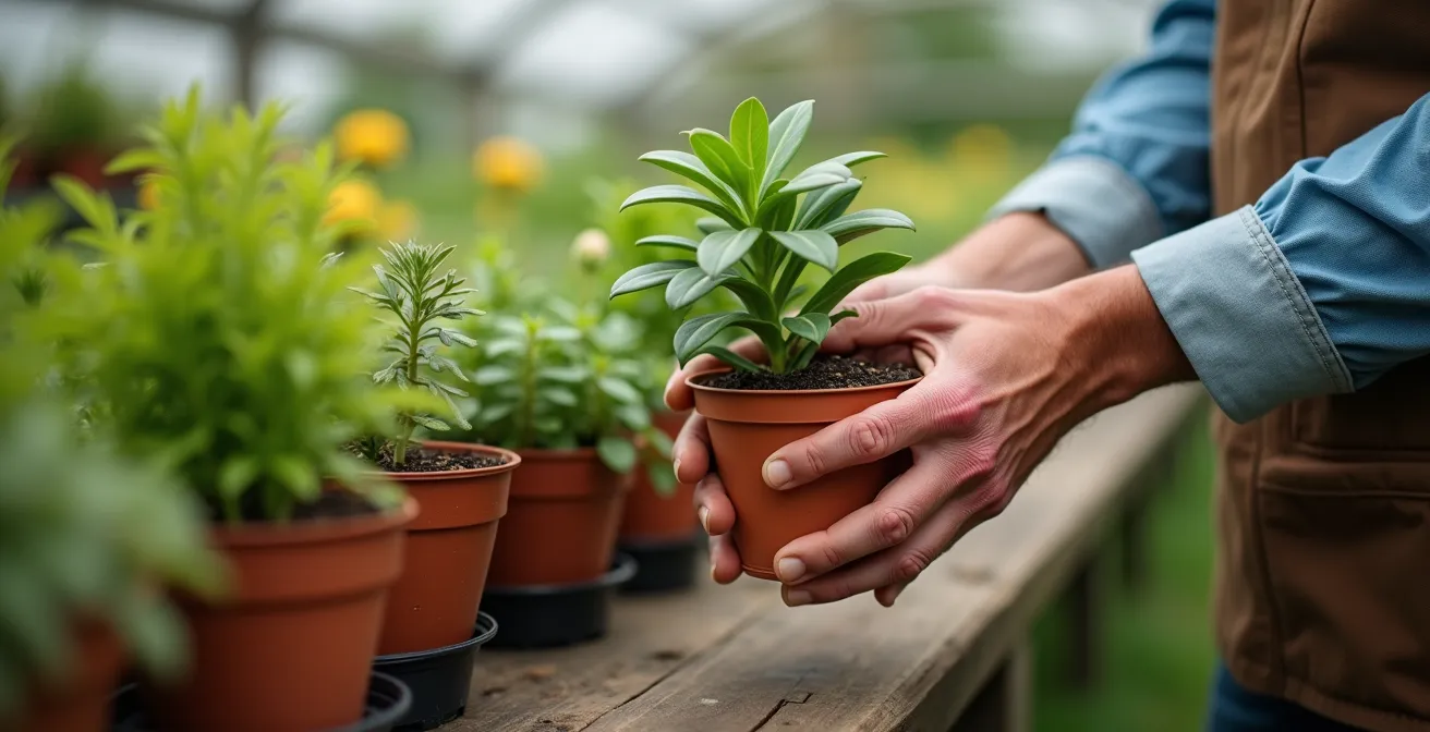 Étiquettes de certification écologique sur des plantes en jardinerie
