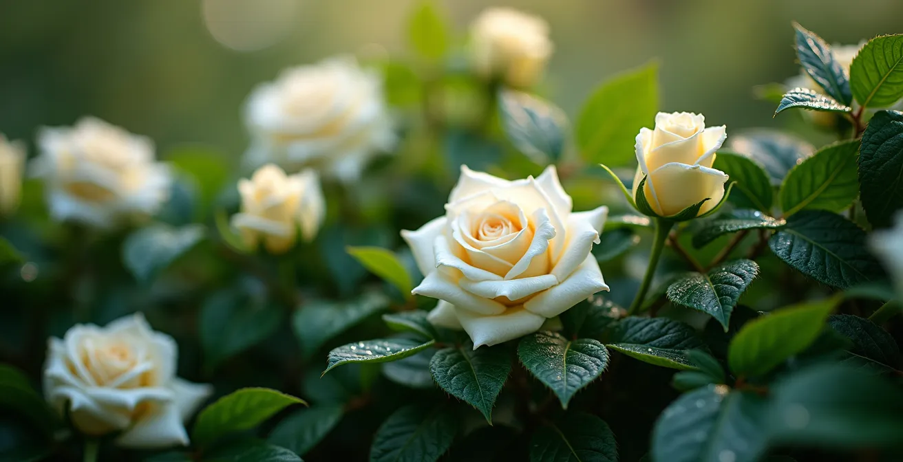 Gros plan sur des tiges de roses blanches entrelacées de lierre formant un motif infini