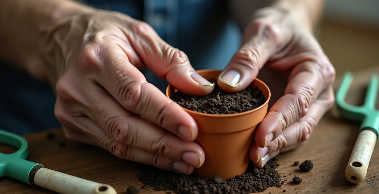 Vue macro d'une main âgée semant délicatement des graines dans un godet avec outils ergonomiques
