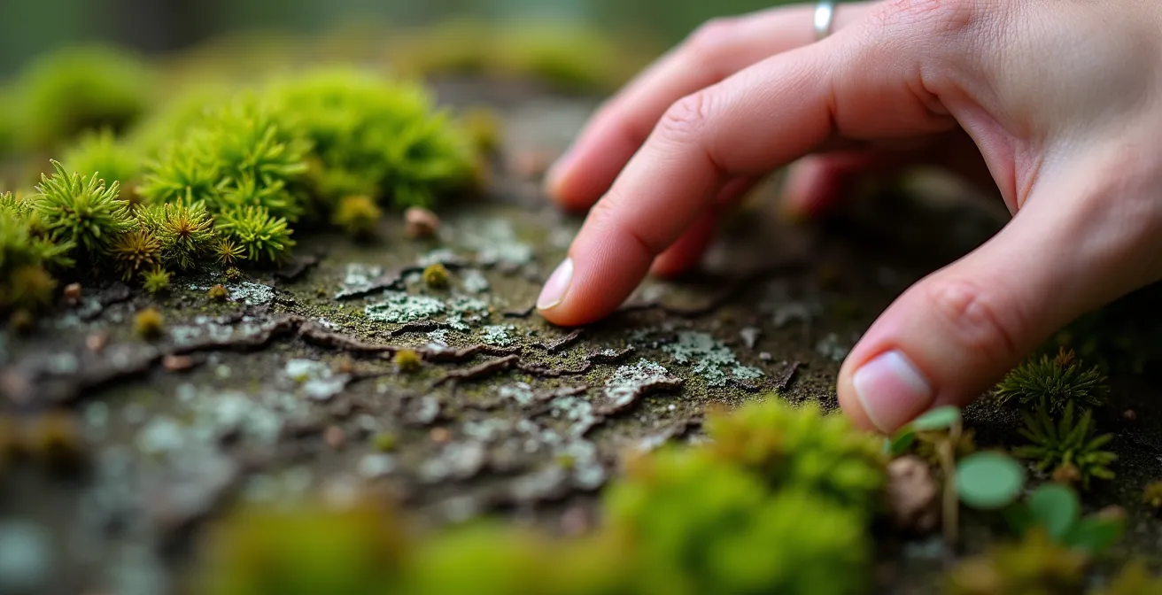 Gros plan macro sur des textures naturelles variées montrant mousse, écorce et lichen avec détails tactiles visibles