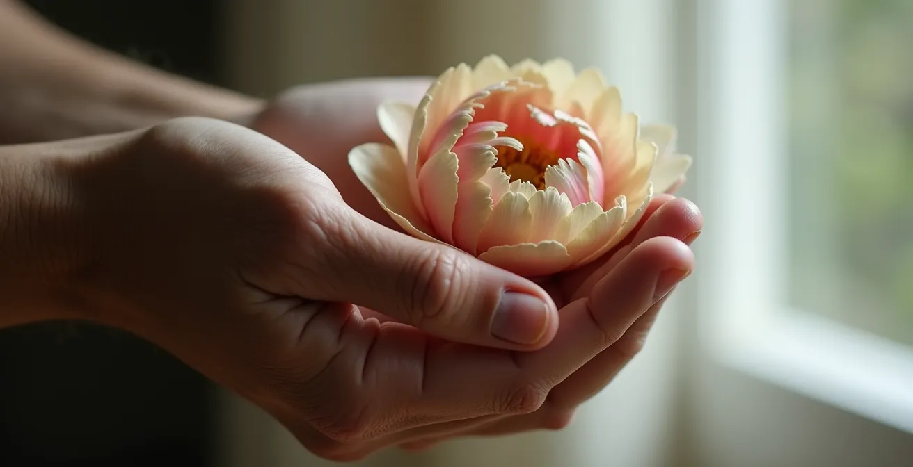 Portrait intimiste d'une fleur fanée solitaire évoquant la beauté de l'imperfection