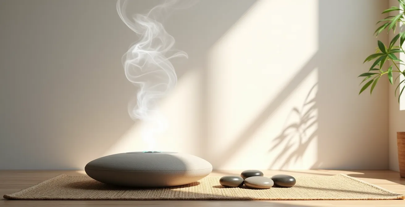 Espace de méditation épuré avec coussin de méditation et vapeurs délicates s'échappant d'un diffuseur