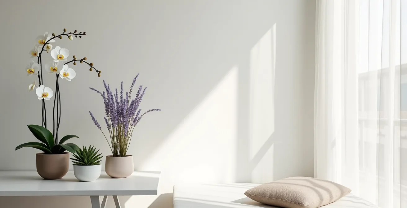 Arrangement floral moderne dans un intérieur minimaliste utilisant les codes anciens de la floriographie