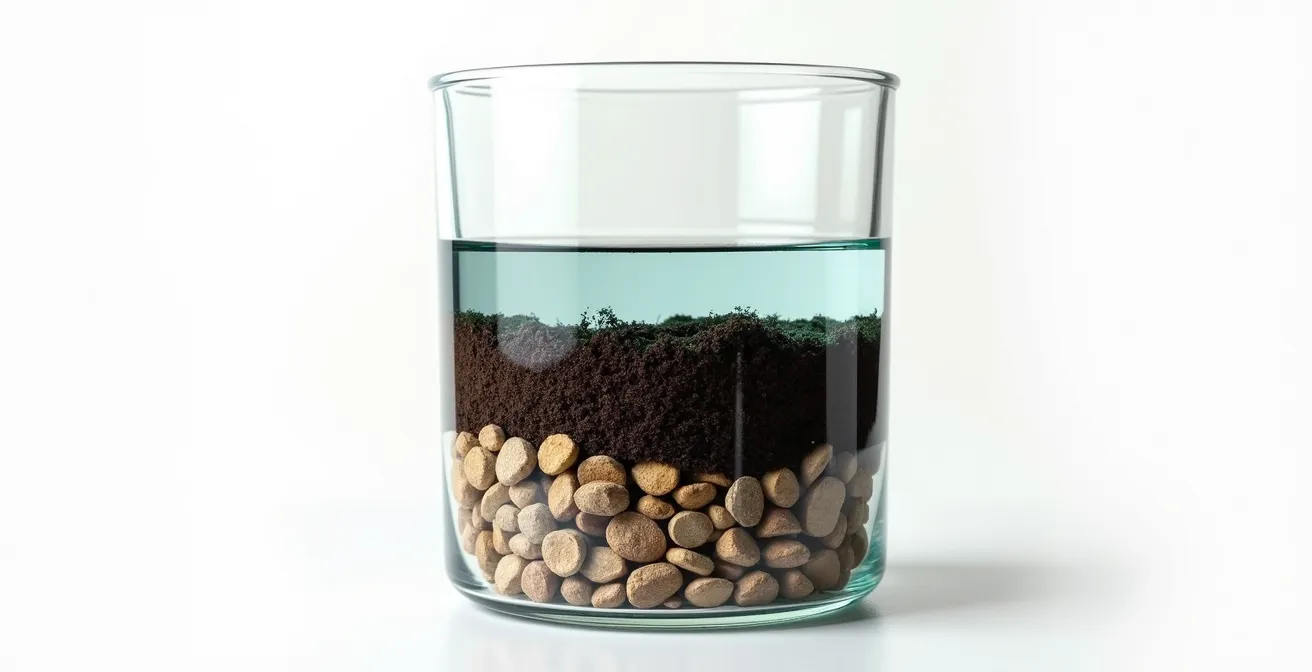 Coupe transversale d'un pot montrant la zone de saturation d'eau créée par la couche de drainage