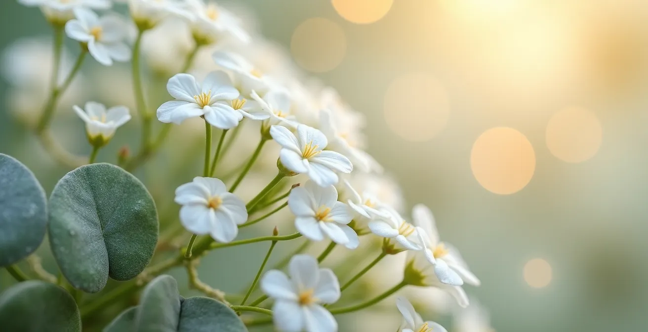 Composition florale aérienne de gypsophile blanc et eucalyptus en gros plan macro