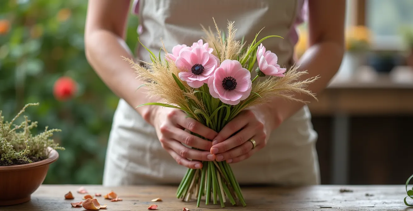 Composition automnale de fleurs dans les tons rose poudré et abricot