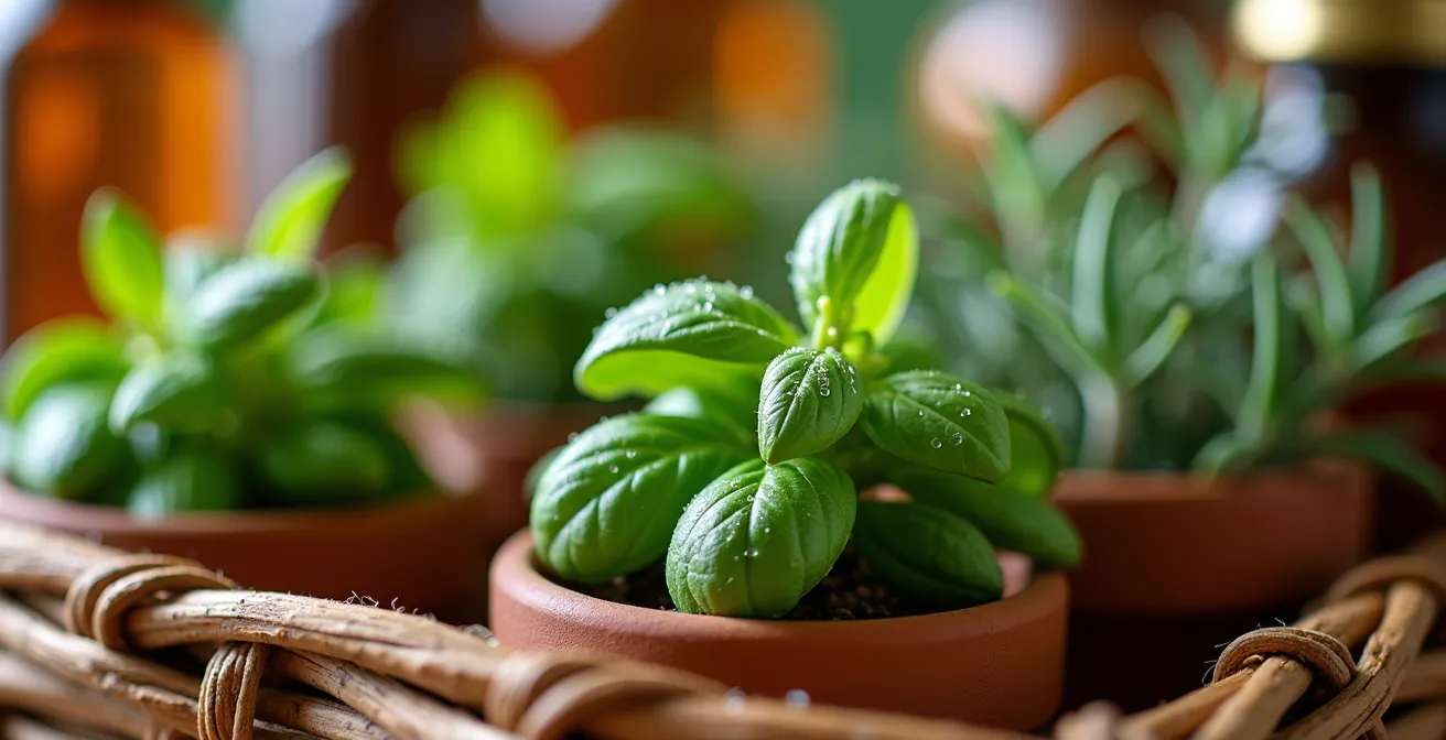 Panier moderne avec herbes aromatiques fraîches et produits artisanaux disposés avec élégance