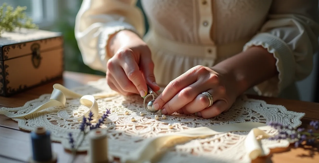 Création d'un porte-bouquet victorien avec dentelle de Calais et ruban de satin ivoire