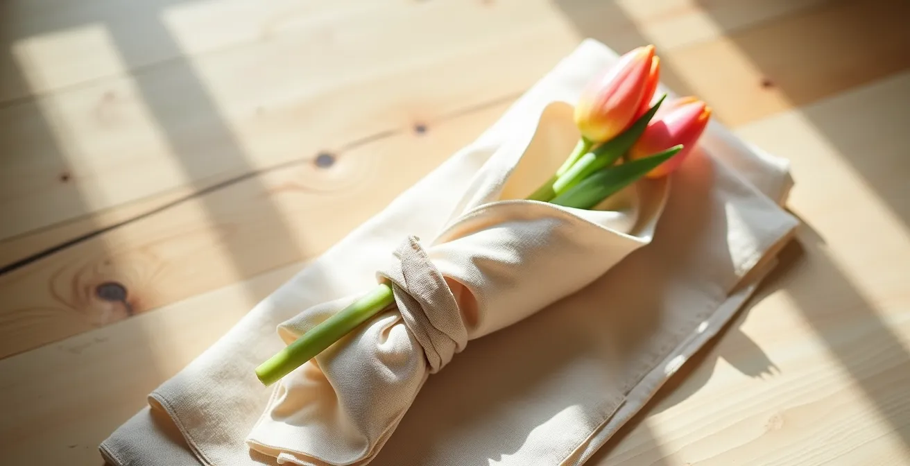 Une tulipe enveloppée dans un tissu japonais noué avec élégance sur une surface en bois naturel