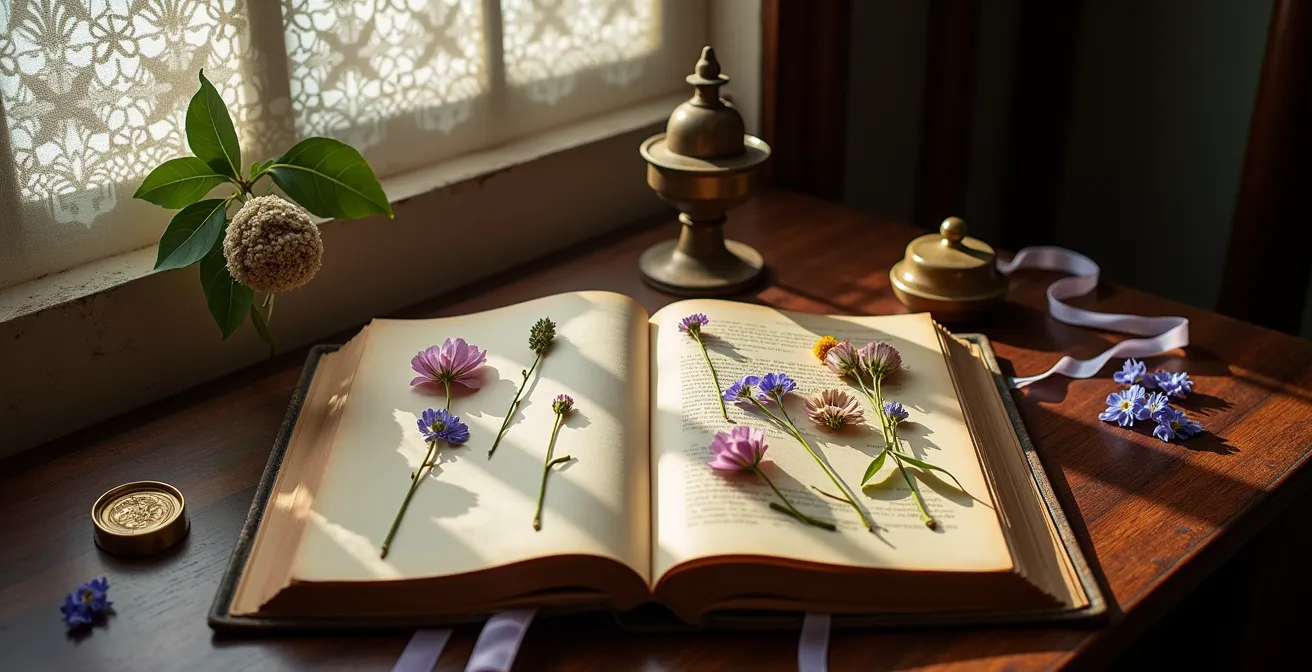 Fleurs victoriennes pressées entre pages de livre ancien avec rubans de soie