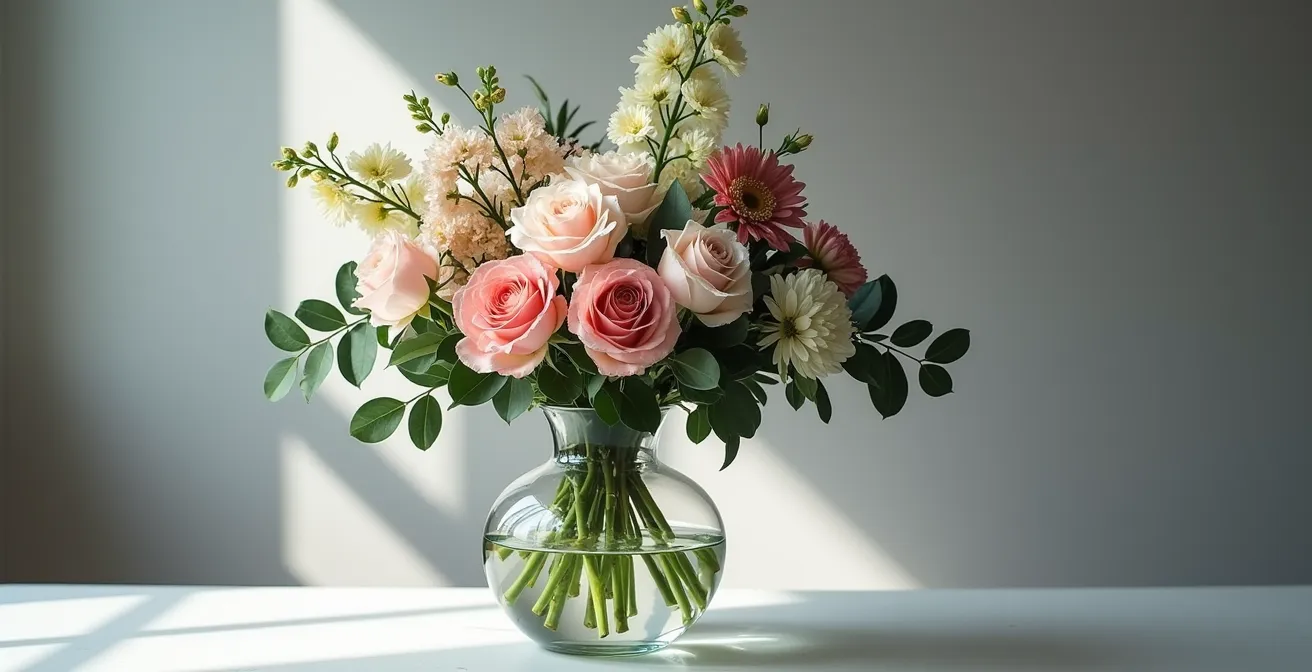Bouquet parfaitement proportionné dans un vase suivant la règle du tiers avec équilibre visuel idéal