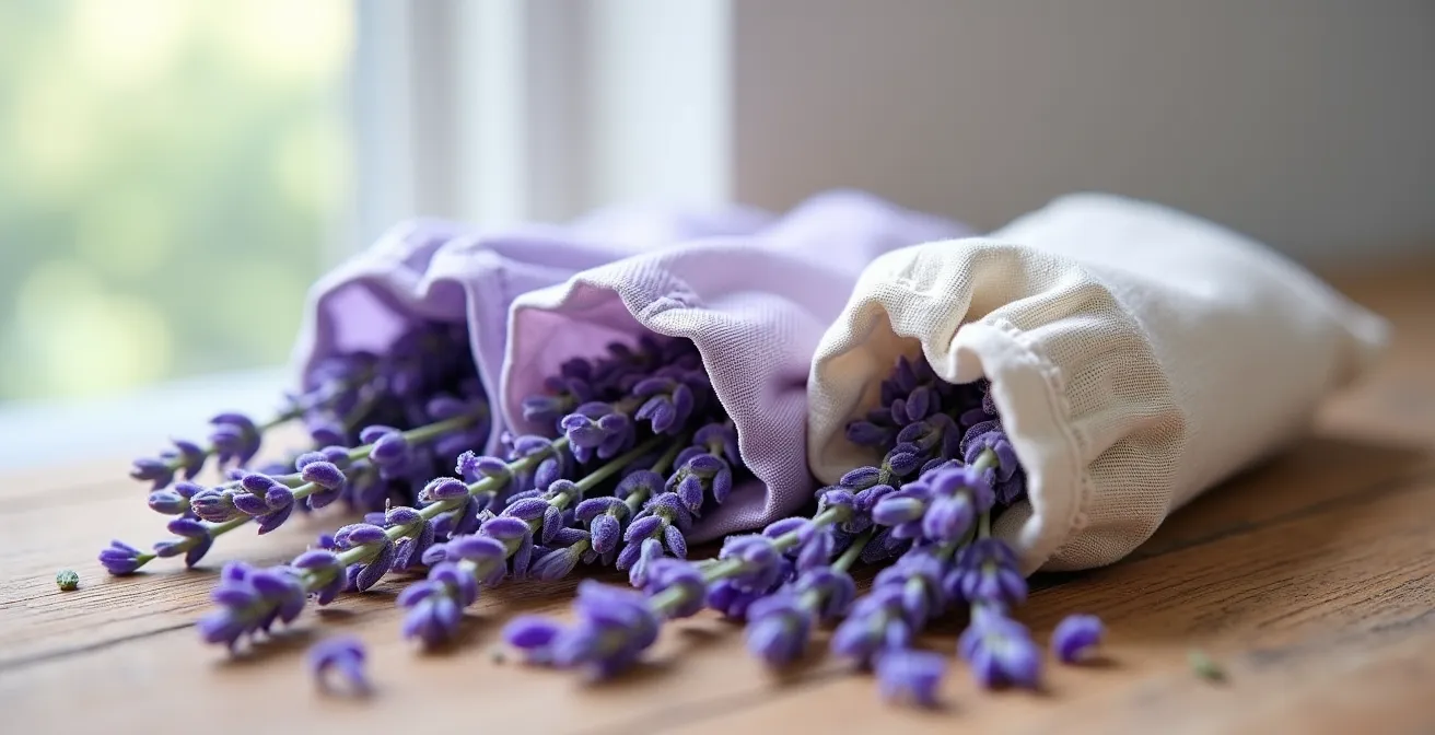 Comparaison de sachets de lavande avec différents tissus montrant les mailles et la diffusion des arômes