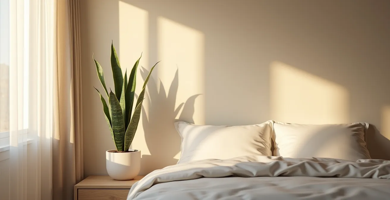 Sansevieria dans une chambre à coucher paisible éclairée par la lumière douce du soir