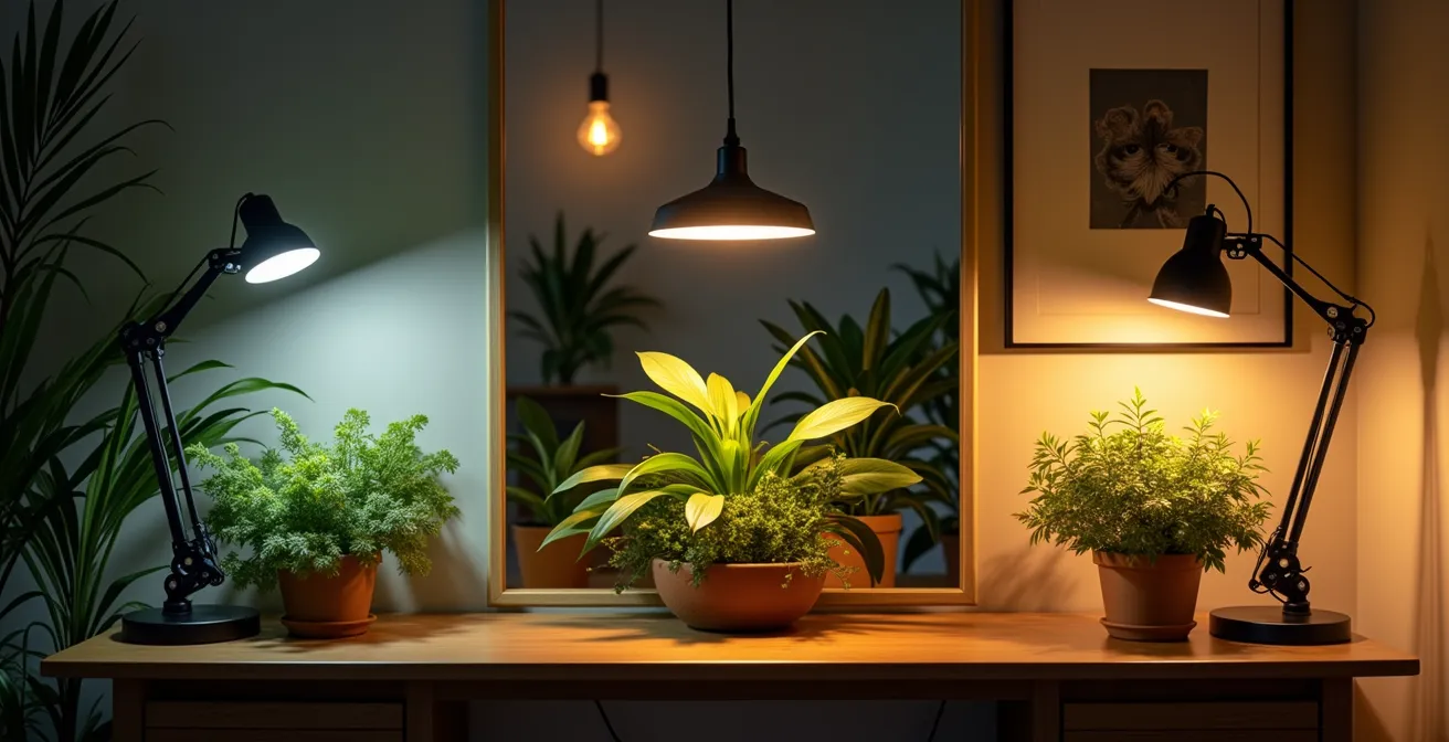 Trois configurations d'éclairage horticole intégrées harmonieusement dans un salon moderne